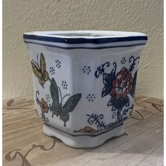 Vintage Chinoiserie Floral Butterflies Ceramic Hand Painted 4" Indoor Planter - Picture 10 of 12